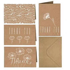 4x6 Thank You Cards 20 Pack Brown Craft Paper 4 Designs of Assorted Blank Thank You Greeting Cards with Envelopes, for Birthday, Wedding, Bridal/Baby Shower, Celebrations…