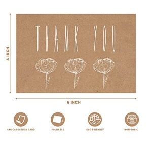 4x6 Thank You Cards 20 Pack Brown Craft Paper 4 Designs of Assorted Blank Thank You Greeting Cards with Envelopes, for Birthday, Wedding, Bridal/Baby Shower, Celebrations…