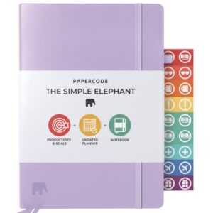 papercode daily planner 2023 – simple elephant undated daily, weekly, and monthly calendar planner for productivity & goal setting, lilac