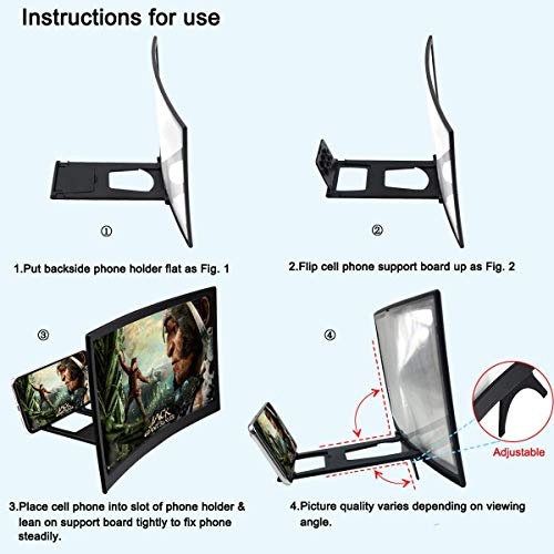 Emoly 12'' 3D Curve Screen Magnifier for Cell Phone, HD Amplifier Projector for Movies, Videos, and Gaming Foldable Phone Stand with Screen Amplifier for iPhone,All Smartphones (Black, 12 inch)