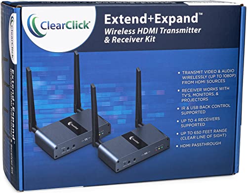 ClearClick Extend+Expand Wireless HDMI Transmitter & Receiver Kit - 5 GHz, Up to 650' Range, IR & USB Transmission (1 Transmitter + 1 Receiver Kit, Supports 4 RX)