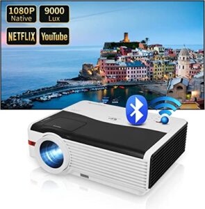 hd 1080p wireless projector, android system smart wifi movie projector 9000lm for home office gaming, airplay, projectors with bluetooth, 10w speaker, compatible w/ hdmi phone dvd roku fire stick