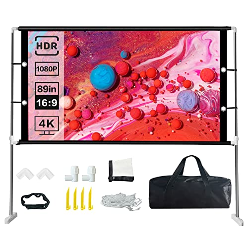 Projector Screen with Stand, Foldable Movie Screen Outdoor Indoor Projection Screen for Home Theater Backyard Cinema Party Office Travel, 16:9 4K HD Rear Front Projection Movies Screen, 89 inch