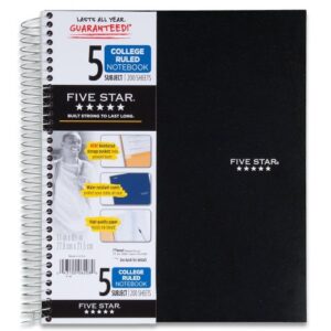 five star spiral notebook + study app, 5 subject, college ruled paper, 11″ x 8-1/2″, 200 sheets, black, 1 count (72081)