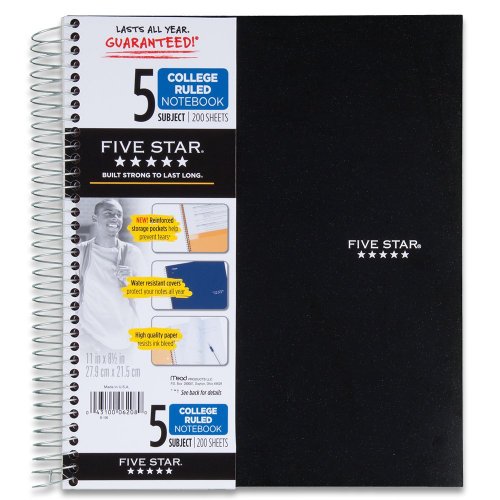 Five Star Spiral Notebook + Study App, 5 Subject, College Ruled Paper, 11" x 8-1/2", 200 Sheets, Black, 1 Count (72081)