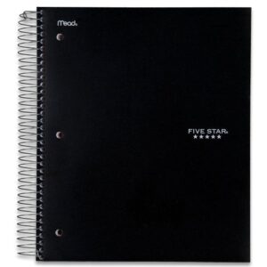 Five Star Spiral Notebook + Study App, 5 Subject, College Ruled Paper, 11" x 8-1/2", 200 Sheets, Black, 1 Count (72081)