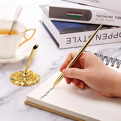 Outus 2 Pieces Hollow Round Pen Holder Signing Pen Set for Wedding Bridal Engagement Guests Book Valentine's Day Favor (Gold Style)