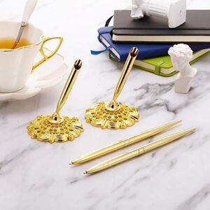 Outus 2 Pieces Hollow Round Pen Holder Signing Pen Set for Wedding Bridal Engagement Guests Book Valentine's Day Favor (Gold Style)