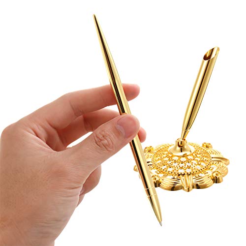 Outus 2 Pieces Hollow Round Pen Holder Signing Pen Set for Wedding Bridal Engagement Guests Book Valentine's Day Favor (Gold Style)