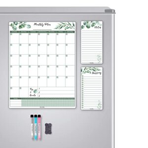 alezel magnetic dry erase calendar for fridge, greenery monthly fridge calendar whiteboard set – vertical monthly calendar for refrigerator, grocery & to do list white board, 3 markers + eraser
