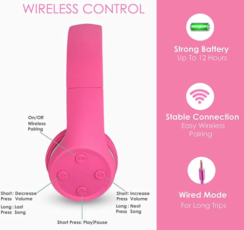 Nenos Bluetooth Kids Headphones Wireless Kids Headphones 93dB Limited Volume Wireless Headphones for Kids Boys Girls School Headphones Classroom (Pink)