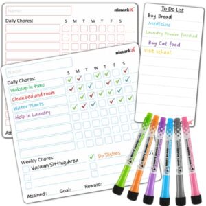 nimarkx magnetic chore chart bundle for multiple kids: customizable 2 reward charts, 1 to-do list, 6 dry erase markers – impart responsibility to family teen toddler & adults with behavior board