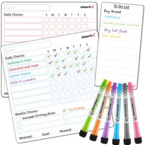 NIMARKX Magnetic Chore Chart Bundle for Multiple Kids: Customizable 2 Reward Charts, 1 to-Do List, 6 Dry Erase Markers - Impart Responsibility to Family Teen Toddler & Adults with Behavior Board