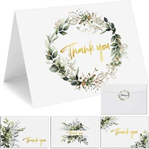 thank you cards with envelopes & stickers – gold foil greenery (bulk 32-pack), watercolor eucalyptus thank you blank notes for engagement, wedding, baby shower, graduation, bridal, business, anniversary