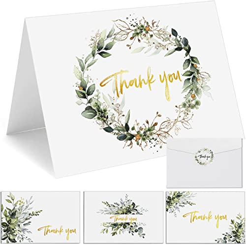 Thank You Cards with Envelopes & Stickers - Gold Foil Greenery (Bulk 32-Pack), Watercolor Eucalyptus Thank You Blank Notes For Engagement, Wedding, Baby Shower, Graduation, Bridal, Business, Anniversary