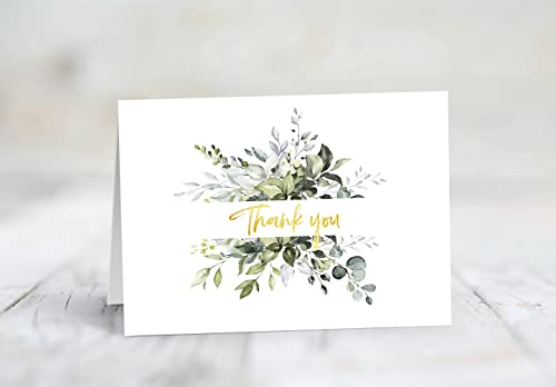 Thank You Cards with Envelopes & Stickers - Gold Foil Greenery (Bulk 32-Pack), Watercolor Eucalyptus Thank You Blank Notes For Engagement, Wedding, Baby Shower, Graduation, Bridal, Business, Anniversary