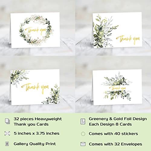 Thank You Cards with Envelopes & Stickers - Gold Foil Greenery (Bulk 32-Pack), Watercolor Eucalyptus Thank You Blank Notes For Engagement, Wedding, Baby Shower, Graduation, Bridal, Business, Anniversary