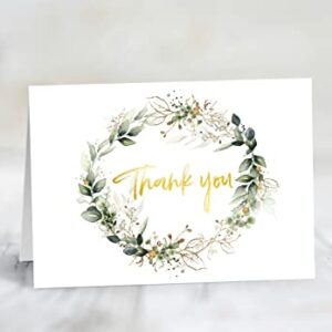 Thank You Cards with Envelopes & Stickers - Gold Foil Greenery (Bulk 32-Pack), Watercolor Eucalyptus Thank You Blank Notes For Engagement, Wedding, Baby Shower, Graduation, Bridal, Business, Anniversary