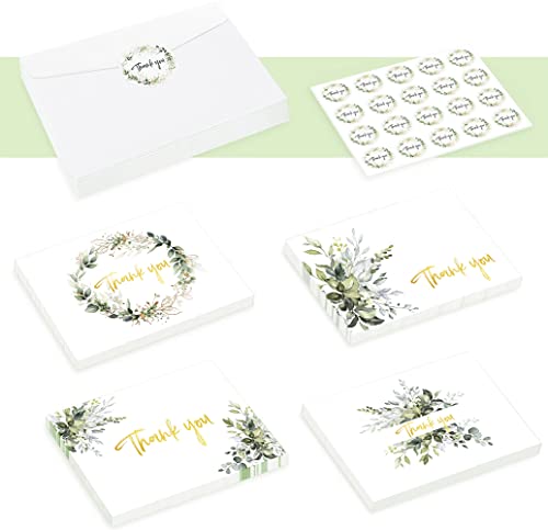 Thank You Cards with Envelopes & Stickers - Gold Foil Greenery (Bulk 32-Pack), Watercolor Eucalyptus Thank You Blank Notes For Engagement, Wedding, Baby Shower, Graduation, Bridal, Business, Anniversary