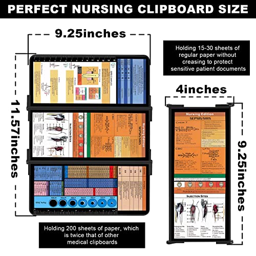 Nursing Clipboard, Nursing Clipboard Foldable with Nursing and Medical Edition Cheat Sheets 3 Layers Aluminum Foldable Clipboard Nursing Notepad for Students, Nurses, Doctors, Nursing Edition (Black)