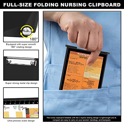 Nursing Clipboard, Nursing Clipboard Foldable with Nursing and Medical Edition Cheat Sheets 3 Layers Aluminum Foldable Clipboard Nursing Notepad for Students, Nurses, Doctors, Nursing Edition (Black)