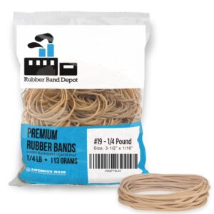 3-1/2 inches long x 1/16 inch wide, thin rubber bands, all purpose rubber bands, rubber band measurements: size #19 – 1/4 pound bag – approximately 335 rubber bands