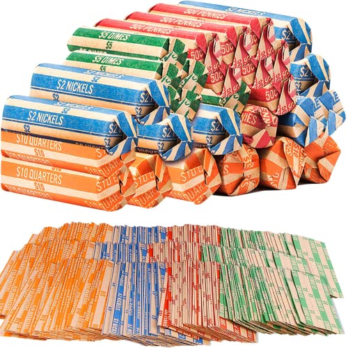 Premium Coin Roll Wrappers 1000-Count Assorted Coin Papers Bundle of 250 Each Quarters Nickels Dimes Pennies