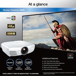 Epson Home Cinema 4000 3LCD Home Theater Projector with 4K Enhancement, HDR10, 100% Balanced Color and White Brightness and Ultra Wide DCI-P3 Color Gamut