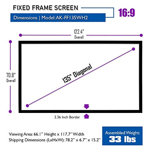 Akia Screens Fixed Frame Projector Screen 135inch 16:9 8K 4K Ultra HD 3D Ready Wall Mount CINEWHITE UHD-B 135" Projection Screen for Indoor Movie Video Home Theater Cinema Office AK-FF135WH2