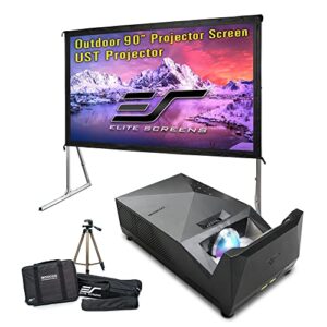 elite screens yard master ust lite bundle 90 inch portable outdoor projector screen with ipx2 water resistant ultra short throw (ust) projector folding movie indoor projection screen oms90mgl