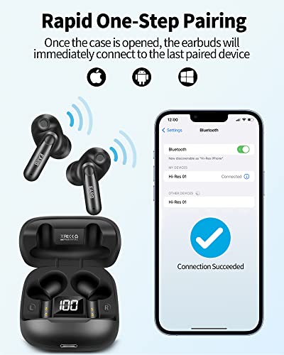 EARB Bluetooth Headphones Wireless Earbuds with 4 Speakers Hi-Res Audio Earphones 30H Playtime with Charging Case and LED Display Touch Control Waterproof in-Ear Headset USB-C for Sports Work Game