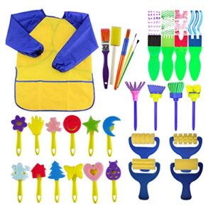 evneed paint sponges for kids,29 pcs of fun paint brushes for toddlers.coming with sponge brush, flower pattern brush, brush set, long sleeve waterproof apron with 3 roomy pockets