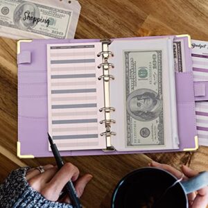 Budget Binder, A6 Marble PU Leather Binder, 6 Ring Budget Planner Organizer with 8 Zipper Cash Envelopes, 12 Expense Budget Sheets, 2 Letter Label Sticker for Budgeting, Saving Money (Purple)