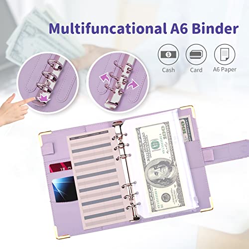 Budget Binder, A6 Marble PU Leather Binder, 6 Ring Budget Planner Organizer with 8 Zipper Cash Envelopes, 12 Expense Budget Sheets, 2 Letter Label Sticker for Budgeting, Saving Money (Purple)