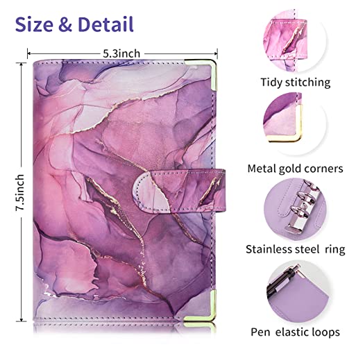 Budget Binder, A6 Marble PU Leather Binder, 6 Ring Budget Planner Organizer with 8 Zipper Cash Envelopes, 12 Expense Budget Sheets, 2 Letter Label Sticker for Budgeting, Saving Money (Purple)