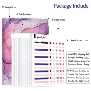 Budget Binder, A6 Marble PU Leather Binder, 6 Ring Budget Planner Organizer with 8 Zipper Cash Envelopes, 12 Expense Budget Sheets, 2 Letter Label Sticker for Budgeting, Saving Money (Purple)