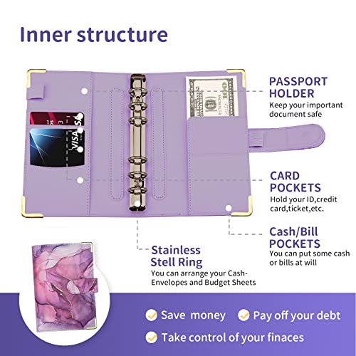 Budget Binder, A6 Marble PU Leather Binder, 6 Ring Budget Planner Organizer with 8 Zipper Cash Envelopes, 12 Expense Budget Sheets, 2 Letter Label Sticker for Budgeting, Saving Money (Purple)