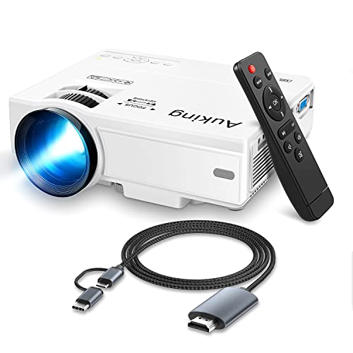 AuKing Mini Projector with Micro USB/Type C to HDMI Cable, Home Theater Video Projector for Android Devices