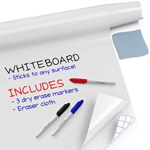 kassa whiteboard wall sticker roll – 17.3 in wide x 8 ft long with 3 dry erase markers, ideal for classroom, home, and office use – customizable adhesive whiteboard & can stick on any flat surface