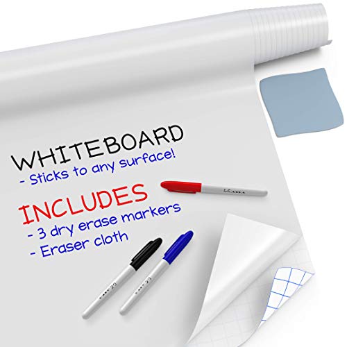 Kassa Whiteboard Wall Sticker Roll - 17.3 in Wide x 8 Ft Long with 3 Dry Erase Markers, Ideal for Classroom, Home, and Office Use - Customizable Adhesive Whiteboard & Can Stick on Any Flat Surface