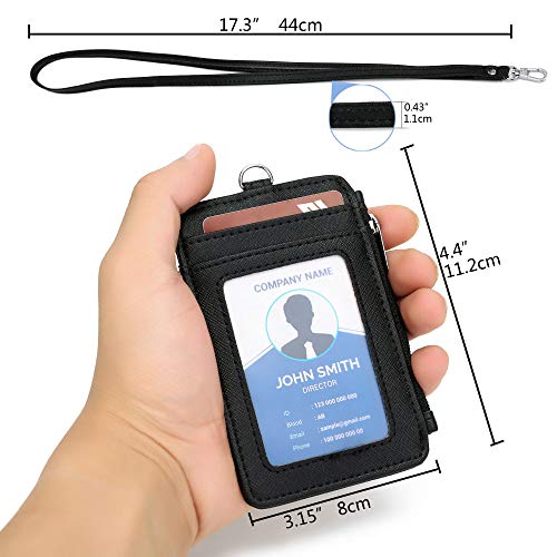 Leamekor ID Badge Holder with Neck Lanyard PU Leather ID Badge Wallet Case with 1 ID Window, 4 Card Slots, 1 Side Zipper Pocket