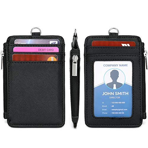 Leamekor ID Badge Holder with Neck Lanyard PU Leather ID Badge Wallet Case with 1 ID Window, 4 Card Slots, 1 Side Zipper Pocket