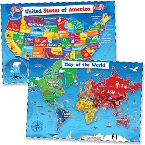 united states & world map poster for kids – 2 pc – 24 x 18 inch waterproof usa & map of the world poster – kids us maps for wall posters for learning, classroom, education, back to school resources