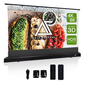 akia screens pull up projector screen motorized with remote, floor rising projector screen tab tension 102 inch 16:9 indoor movie video home theater cinema office, cinewhite, black casing ak-fmt102uh2