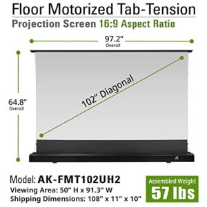 Akia Screens Pull Up Projector Screen Motorized with Remote, Floor Rising Projector Screen Tab Tension 102 inch 16:9 Indoor Movie Video Home Theater Cinema Office, CineWhite, Black Casing AK-FMT102UH2