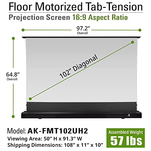 Akia Screens Pull Up Projector Screen Motorized with Remote, Floor Rising Projector Screen Tab Tension 102 inch 16:9 Indoor Movie Video Home Theater Cinema Office, CineWhite, Black Casing AK-FMT102UH2