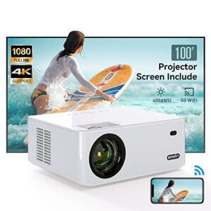 emotn o1 5g wifi bluetooth projector, 400 ansi lumens, native 1080p mini projector 4k supported, 300″ portable movie projector with screen, home theater projector compatible with tv stick/phone/pc