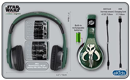 eKids Book of Boba Fett Bluetooth Headphones, Wireless Headphones with Microphone Includes Aux Cord, Kids Headphones for School, Home, or Travel