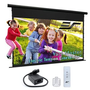 elite screens yard master electric tension cinewhite, 125″ diag. 16:9 motorized tab-tensioned projector screen, ip33 rated, rf remote control, 4k/8k ultra hd 3d movie theater (oms125wht-electric)