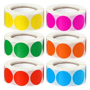 3000 pcs 1″ round color coding circle dot labels on 6 rolls, 500 count each, includes bright yellow green red pink orange blue